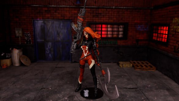 She-Spawn de McFarlane con hacha y arma larga sobre la base de exhibición.