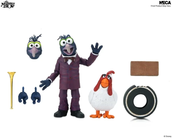 Gonzo y Camilla de NECA con cabeza y manos intercambiables, trompeta, ladrillo y neumático.