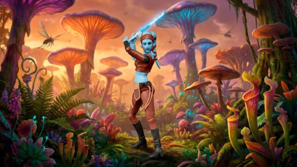 AAYLA-SECURA—THE-VINTAGE-COLLECTION Aayla Secura de The Vintage Collection con el sable azul elevado en un paisaje de hongos gigantes.