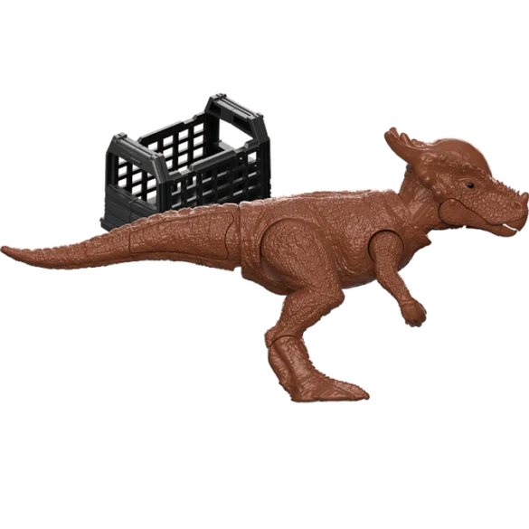 Dinosaurio rojizo de Blokees junto a una jaula de transporte.