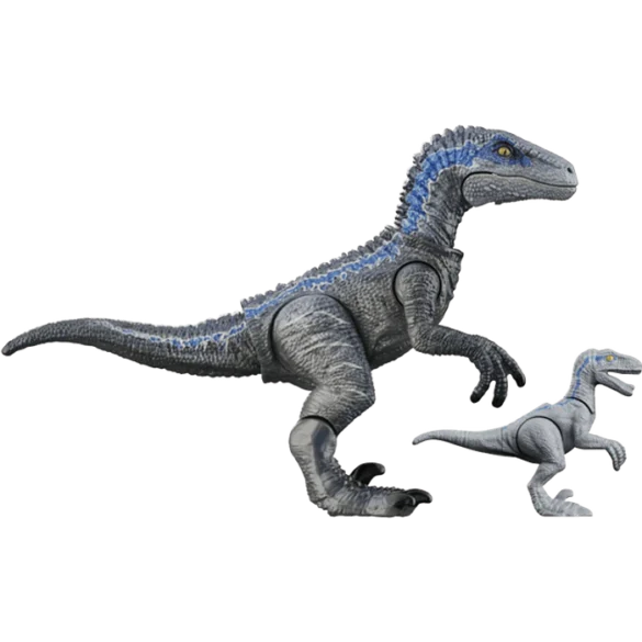 Velociraptor azul de Blokees TERRAVENTURE TS-01 junto a una cría gris.