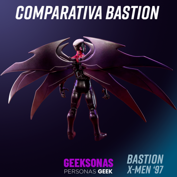 COMPARATIVA-bastion-06 Bastion de X-Men ’97 con alas extendidas y los brazos sobre la cabeza.