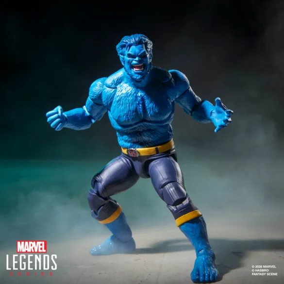 Beast de Marvel Legends con rostro enfurecido y los brazos abiertos en una pose de ataque.