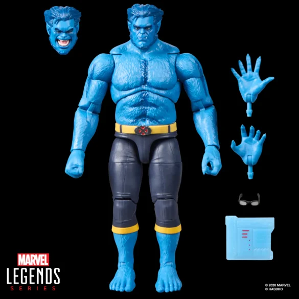 Beast de Marvel Legends con cabeza alternativa, manos intercambiables, gafas y tableta azul.