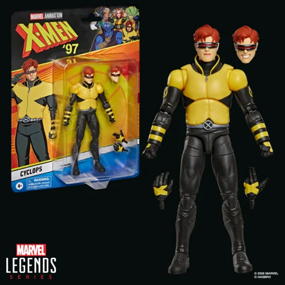 GEEKSONAS-MARVEL-LEGENDS-SERIES-X-MEN-97-CYCLOPS-7 Cyclops de X-Men ’97 de Marvel Legends junto a su empaque, cabeza alternativa y manos intercambiables.