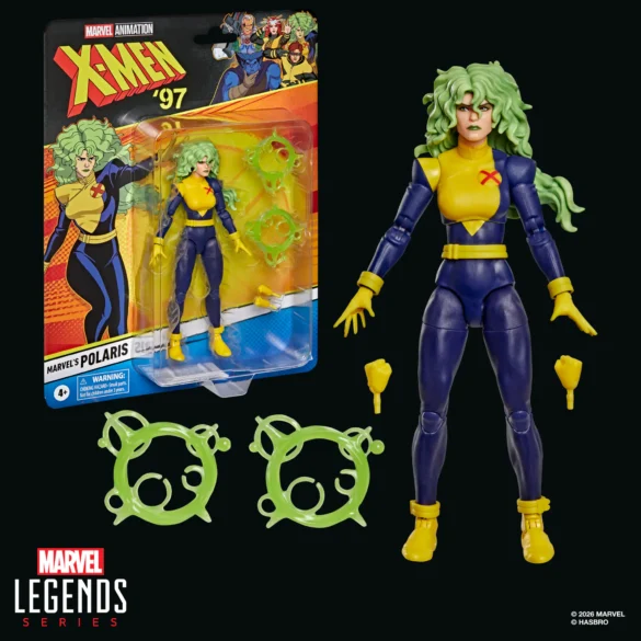 GEEKSONAS-MARVEL-LEGENDS-SERIES-X-MEN-97-MARVELS-POLARIS-9 Polaris de X-Men ’97 de Marvel Legends junto a su empaque, manos intercambiables y efectos verdes de energía.