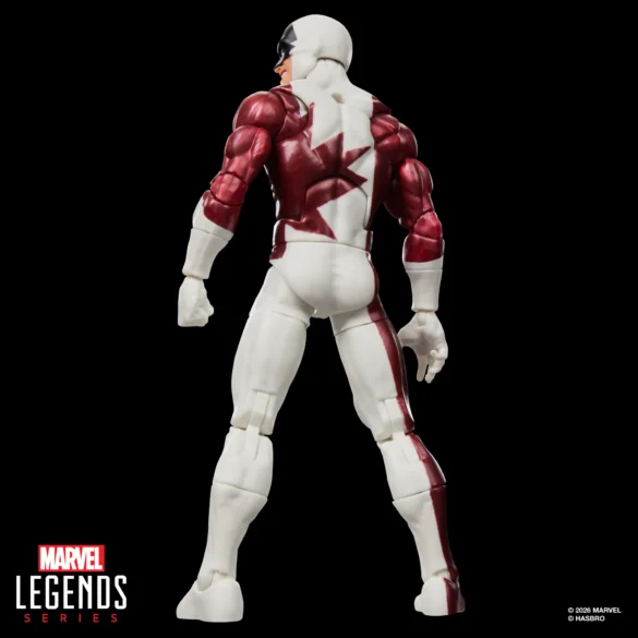GEEKSONAS-MARVEL-LEGENDS-SERIES-X-MEN-97-MARVELS-VINDICATOR-5 Vista posterior de Vindicator de X-Men ’97 de Marvel Legends, con el diseño rojo y blanco de su traje.