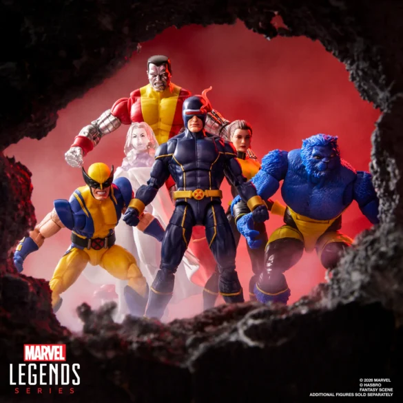 GEEKSONAS-MARVEL-LEGENDS-SERIES-X-MEN-CYCLOPS-WOLVERINE-1 Figuras de X-Men de Marvel Legends reunidas en un diorama, con Cyclops y Wolverine al frente.