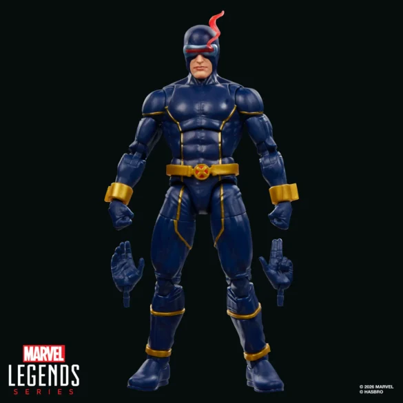 GEEKSONAS-MARVEL-LEGENDS-SERIES-X-MEN-CYCLOPS-WOLVERINE-10 Cyclops de Marvel Legends con efecto rojo en el visor y manos intercambiables junto a la figura.