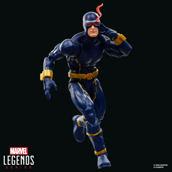 GEEKSONAS-MARVEL-LEGENDS-SERIES-X-MEN-CYCLOPS-WOLVERINE-2 Cyclops de Marvel Legends con traje azul oscuro, una mano sobre el visor y un efecto rojo junto a este.