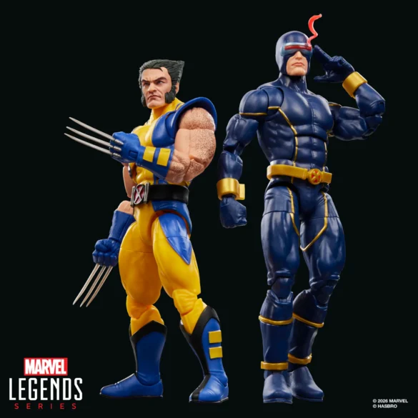 GEEKSONAS-MARVEL-LEGENDS-SERIES-X-MEN-CYCLOPS-WOLVERINE-5 Wolverine sin máscara y Cyclops de Marvel Legends posando juntos, con garras y efecto rojo en el visor.