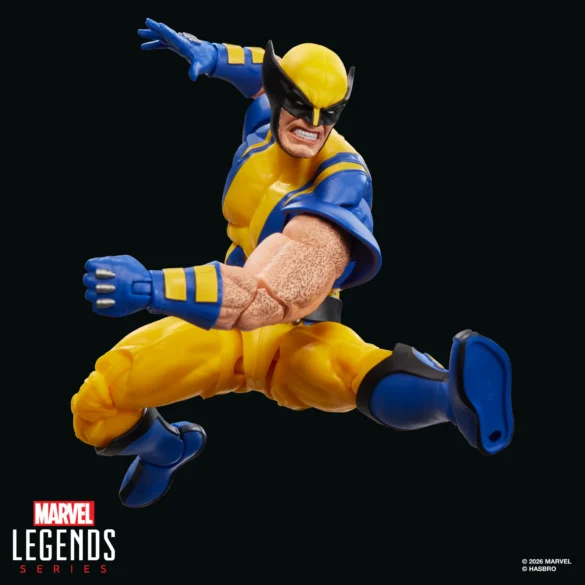 GEEKSONAS-MARVEL-LEGENDS-SERIES-X-MEN-CYCLOPS-WOLVERINE-7 Wolverine de Marvel Legends con máscara en una pose de salto, con brazos y piernas extendidos.