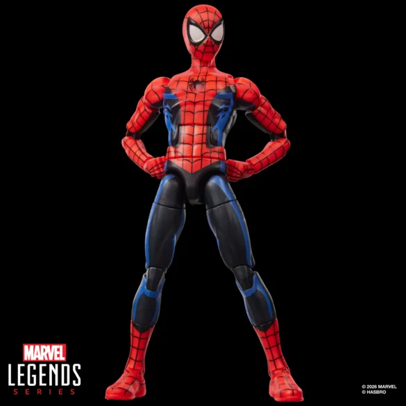 GEEKSONAS-MVL-LEGENDS-SERIES-SPIDER-MAN-VS.-MARVELS-RHINO-YOUR-FRIENDLY-NEIGHBORHOOD-SPIDER-MAN- Spider-Man de Your Friendly Neighborhood Spider-Man de Marvel Legends con una mano apoyada en la cintura.