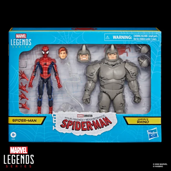 GEEKSONAS-MVL-LEGENDS-SERIES-SPIDER-MAN-VS.-MARVELS-RHINO-YOUR-FRIENDLY-NEIGHBORHOOD-SPIDER-MAN-1 Pack de Spider-Man y Rhino de Marvel Legends, basado en Your Friendly Neighborhood Spider-Man, en su caja con ventana.