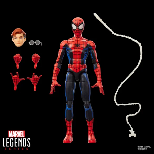 GEEKSONAS-MVL-LEGENDS-SERIES-SPIDER-MAN-VS.-MARVELS-RHINO-YOUR-FRIENDLY-NEIGHBORHOOD-SPIDER-MAN-11 Spider-Man de Marvel Legends con cabeza de Peter Parker, gafas, manos intercambiables y telaraña.