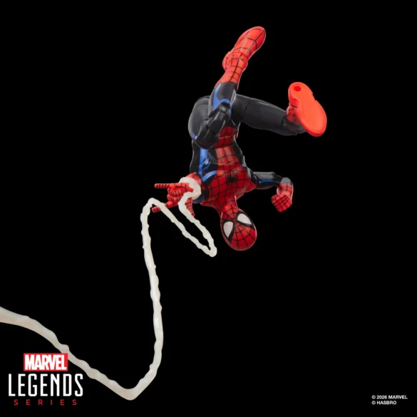GEEKSONAS-MVL-LEGENDS-SERIES-SPIDER-MAN-VS.-MARVELS-RHINO-YOUR-FRIENDLY-NEIGHBORHOOD-SPIDER-MAN-3 Spider-Man de Marvel Legends boca abajo, en una pose acrobática con una telaraña blanca.