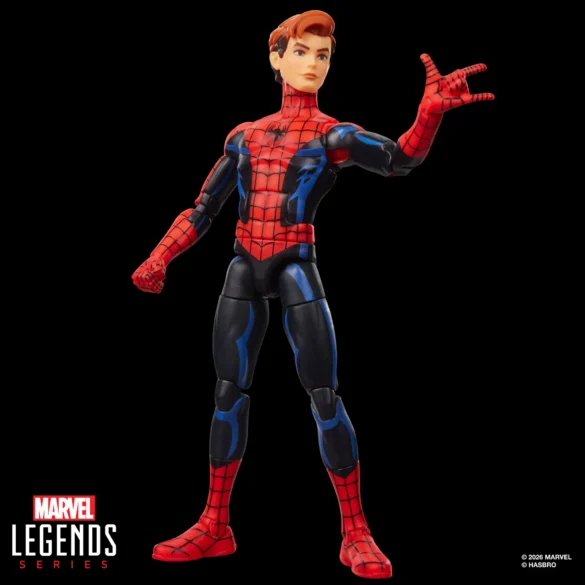 GEEKSONAS-MVL-LEGENDS-SERIES-SPIDER-MAN-VS.-MARVELS-RHINO-YOUR-FRIENDLY-NEIGHBORHOOD-SPIDER-MAN-4 Spider-Man de Marvel Legends con cabeza de Peter Parker y una mano en gesto de lanzar telarañas.