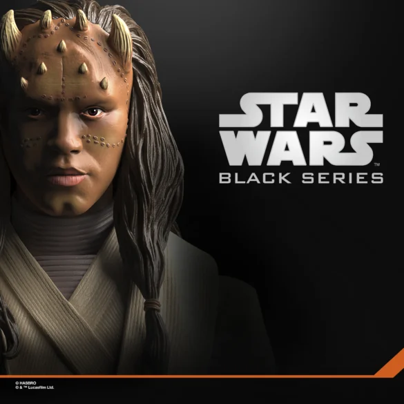 Primer plano del rostro de Agen Kolar de Star Wars The Black Series, con cuernos y cabello oscuro largo.