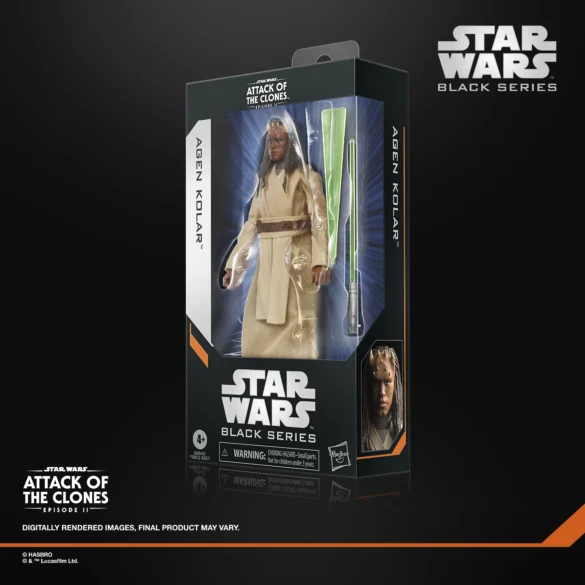Agen Kolar de Star Wars The Black Series en su caja con ventana, vista en ángulo para mostrar el lateral.