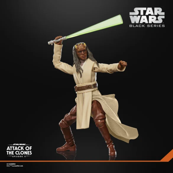Agen Kolar de Star Wars The Black Series en pose de combate con el sable verde alzado.