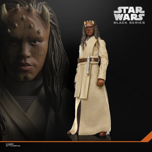 Agen Kolar de Star Wars The Black Series de cuerpo completo junto a un primer plano de su rostro.