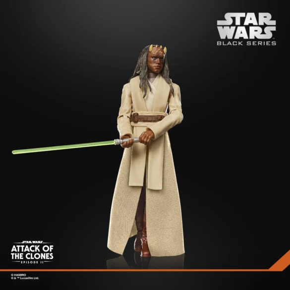 Agen Kolar de Star Wars The Black Series sosteniendo el sable de luz verde en posición horizontal.