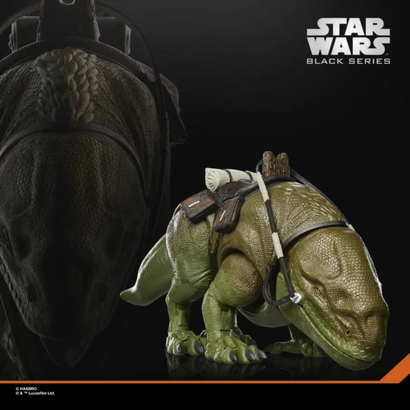 Dewback de Star Wars The Black Series con silla de montar, junto a un detalle ampliado de su cabeza.