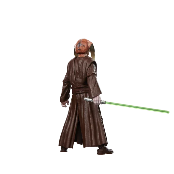 Vista posterior de Saesee Tiin de Star Wars The Black Series, con túnica marrón y sable de luz verde.