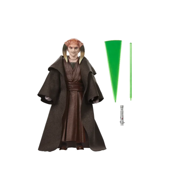 Saesee Tiin de Star Wars The Black Series con túnica Jedi y las piezas intercambiables de su sable verde.