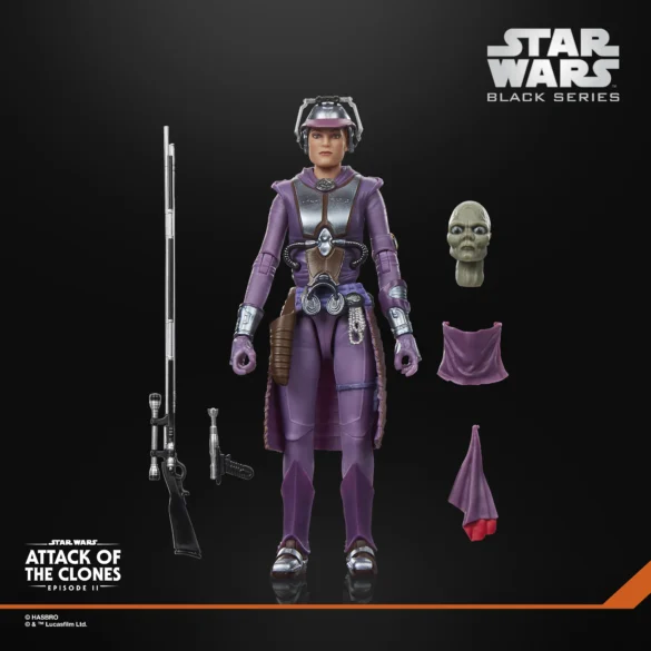 Zam Wesell de Star Wars The Black Series junto a su cabeza alternativa, velo morado, rifle y pistola bláster.