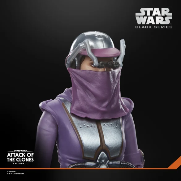 Primer plano de Zam Wesell de Star Wars The Black Series con cabeza alienígena verde y velo morado.