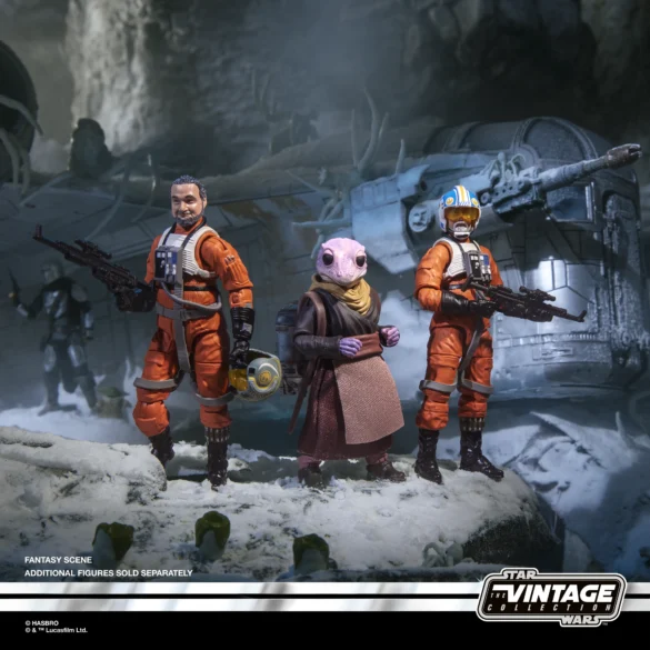 Frog Lady, Carson Teva y Trapper Wolf de The Vintage Collection reunidos en un diorama nevado.