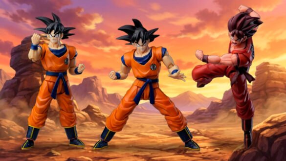 Montaje de Goku Base y Kaioken de NS Studio en poses de combate sobre un paisaje rocoso al atardecer.