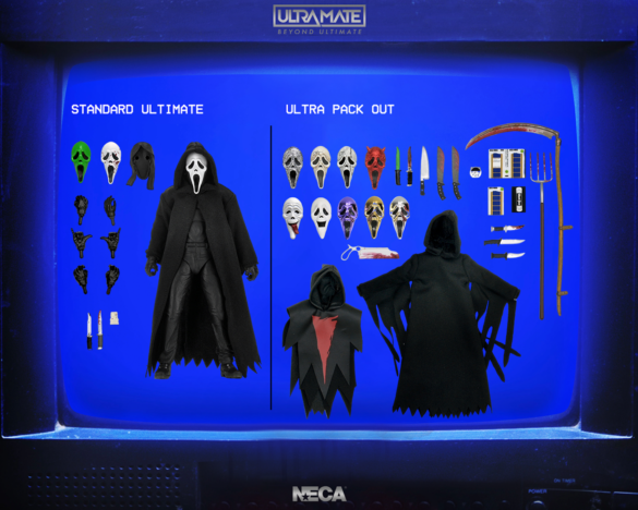 Ghost-Face-ULTRAmate-00 Comparación de Ghost Face Ultimate y ULTRAmate de NECA con máscaras y accesorios.