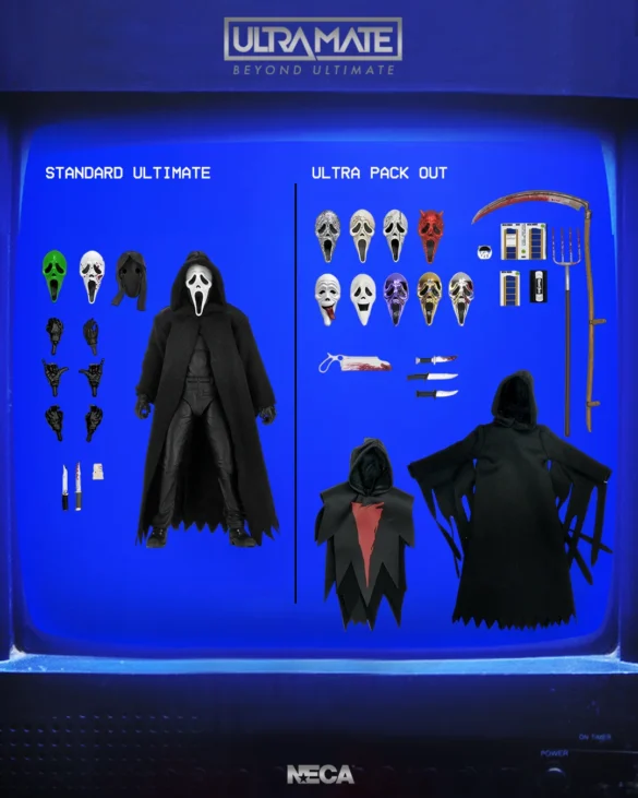 Comparación de Ghost Face Ultimate y ULTRAmate de NECA con sus accesorios.