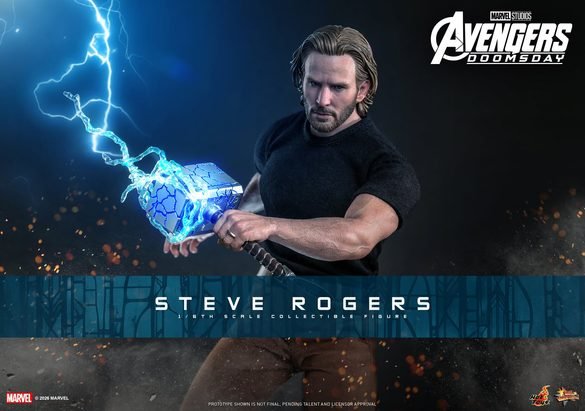 Steve Rogers de Hot Toys con camiseta negra y martillo iluminado en una imagen promocional.