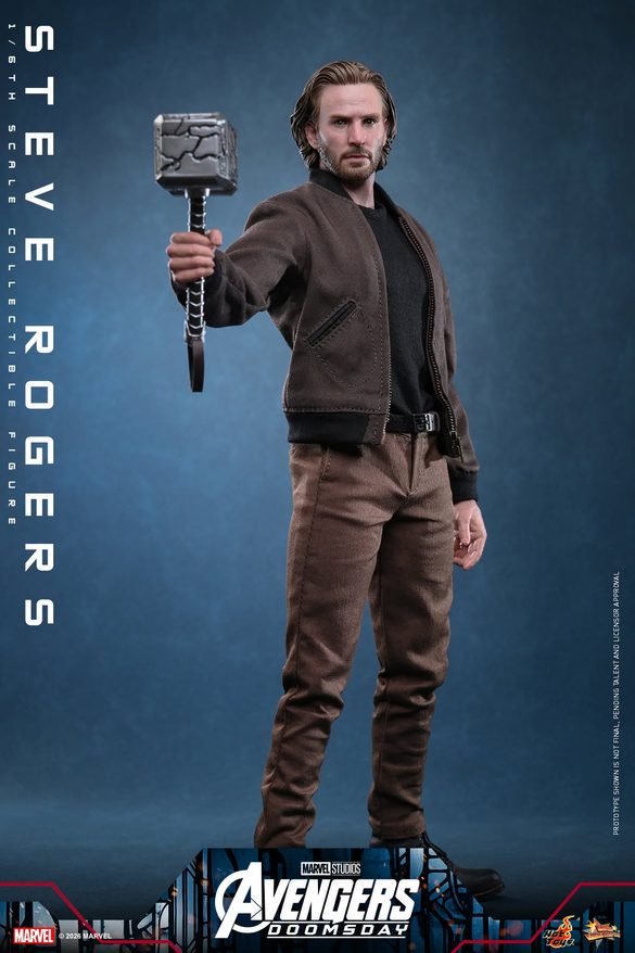 Steve Rogers de Hot Toys extendiendo el martillo con una mano.