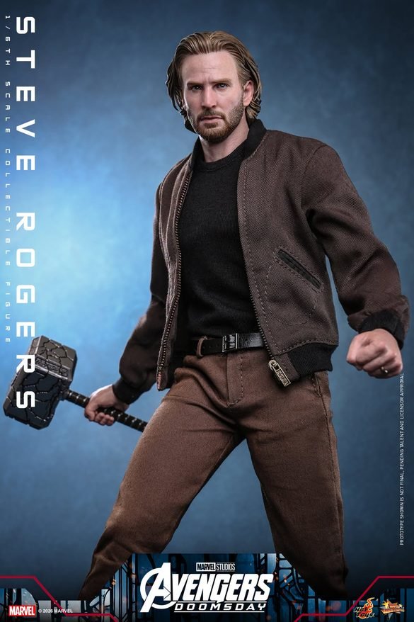 Steve Rogers de Hot Toys en pose de combate con chaqueta marrón.