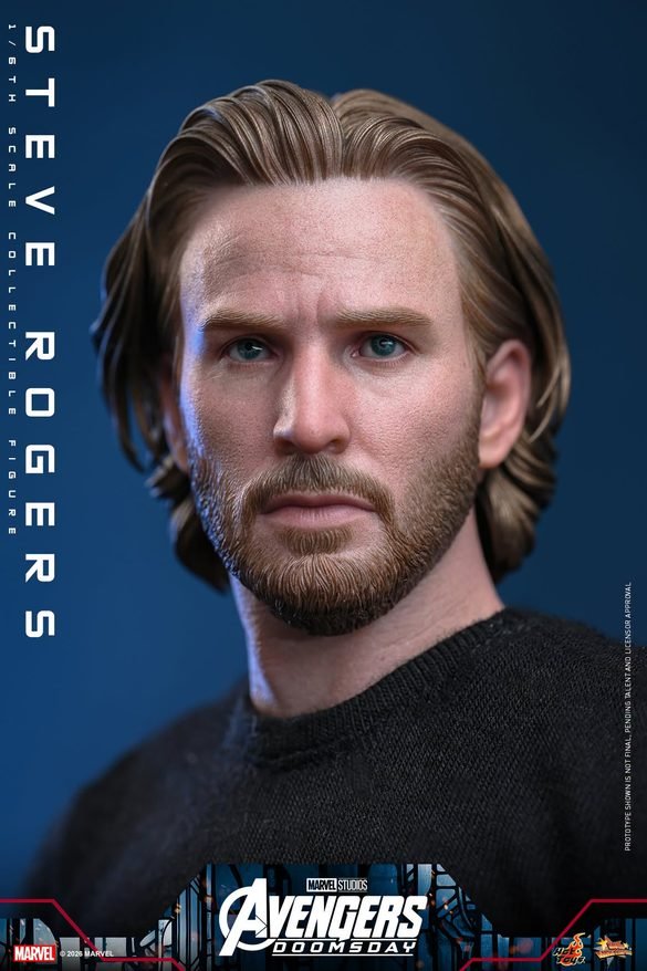 Primer plano del rostro y el cabello de Steve Rogers de Hot Toys.