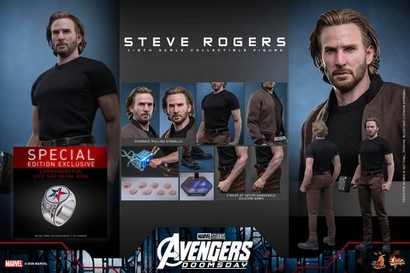 Contenido de Steve Rogers de Hot Toys con accesorio de edición especial.