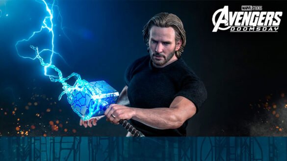 Steve Rogers de Hot Toys sosteniendo un martillo con efectos de rayos azules.
