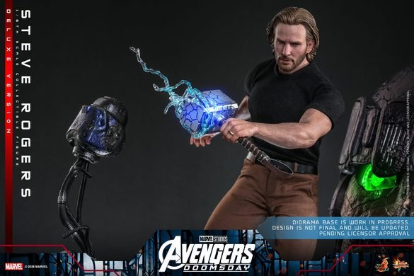 Steve Rogers Deluxe de Hot Toys con martillo y efectos de rayos azules.