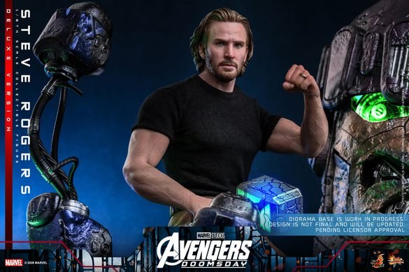 Steve Rogers Deluxe de Hot Toys junto a una base decorativa iluminada.