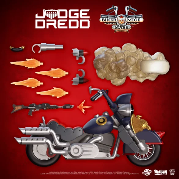 Motocicleta de Judge Throttle de Nacelle con armas y efectos de disparo.
