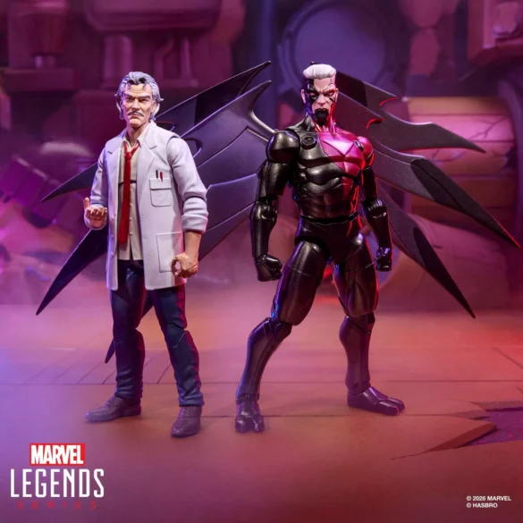 Marvel-Legends-Series-Bolivar-Trask-and-Marvel-Bastion-Nimrod-X-Men-97-0 Bolivar Trask y Bastion Marvel Legends de Hasbro de pie en un diorama.