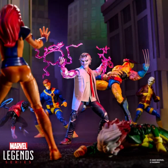 Marvel-Legends-Series-Bolivar-Trask-and-Marvel-Bastion-Nimrod-X-Men-97-03 Bolivar Trask Marvel Legends de Hasbro con energía rosada frente a los X-Men.