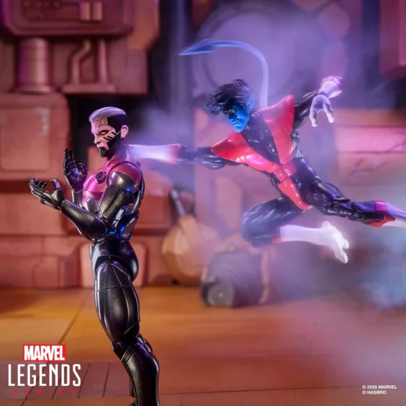 Marvel-Legends-Series-Bolivar-Trask-and-Marvel-Bastion-Nimrod-X-Men-97-06 Bastion Marvel Legends de Hasbro frente a un personaje con efecto de energía azul.