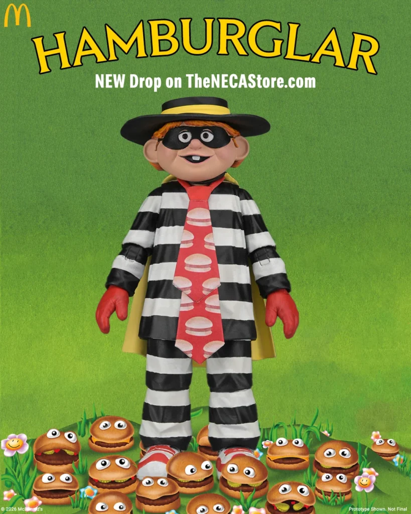 Anuncio de Ultimate Hamburglar de NECA con personajes de McDonald’s sobre fondo verde.