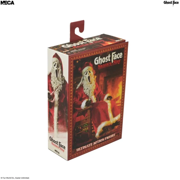 Lateral y frente de la caja de Santa’s Slay Ghost Face de NECA.