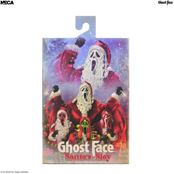 Parte posterior ilustrada de la caja de Santa’s Slay Ghost Face de NECA.